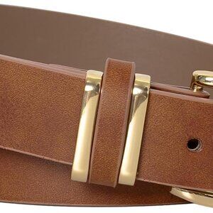 Women Brown Faux Leather Belt with Gold Buckle Casual Dress Waist Accessory